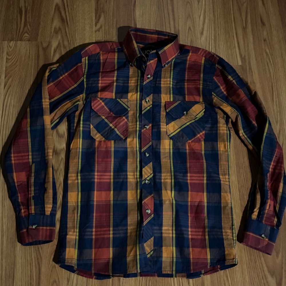 UOMO Plaid Shirt Navy Orange‎ Red Classic Long Sleeve Button Up Business Luxury